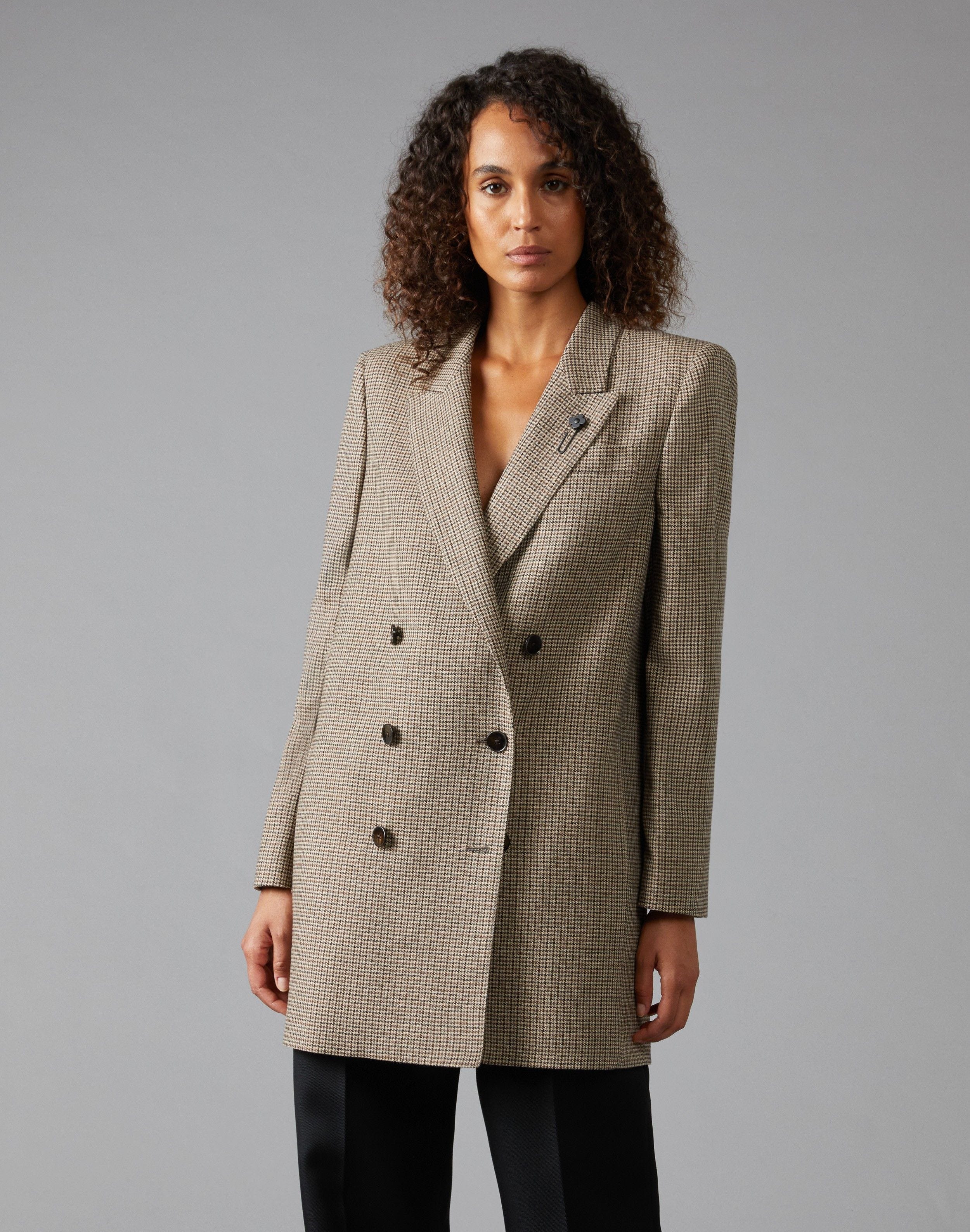 Double-breasted beige/brown houndstooth blazer