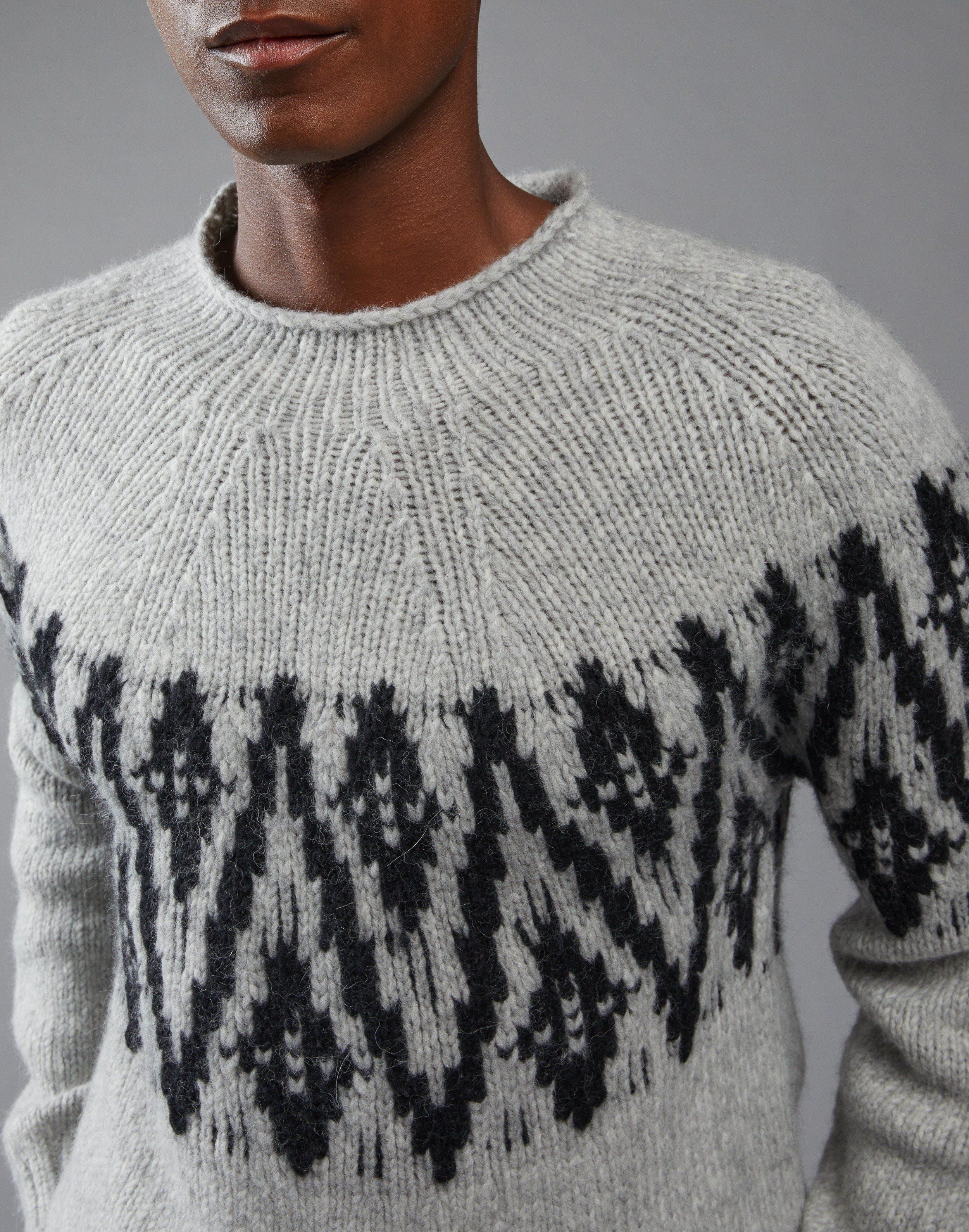 Lardini Gray and Black Jacquard Knit Crew Neck Sweater