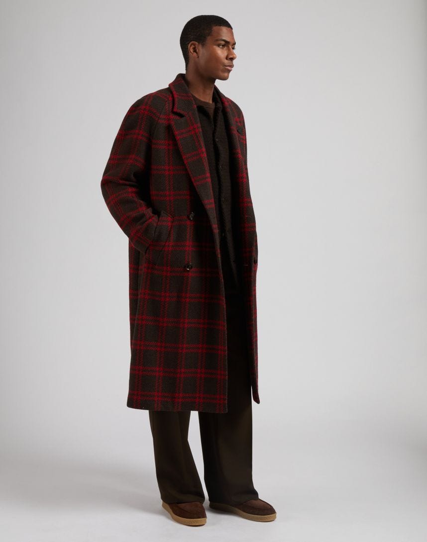 English Shetland wool large check double-breasted coat 