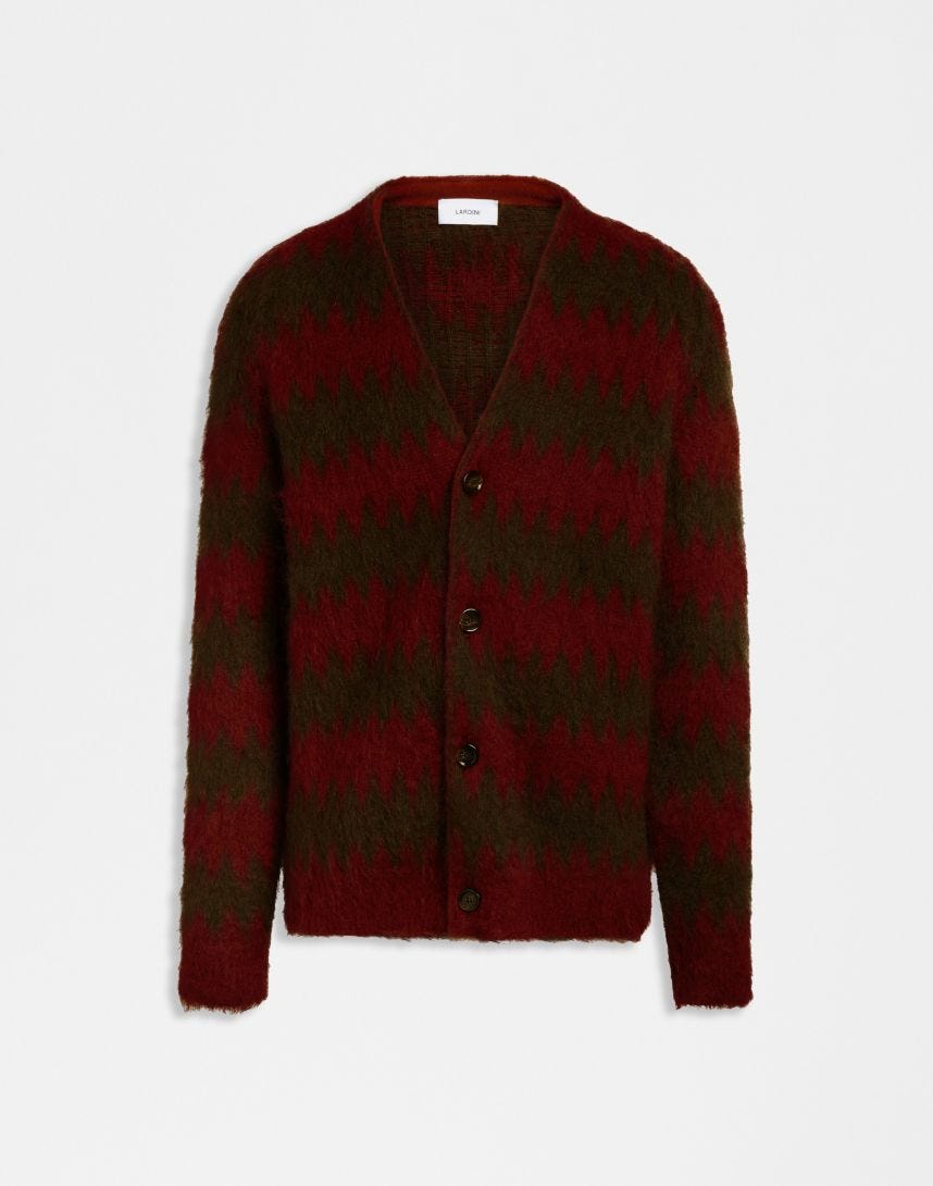 Cardigan in kid mohair con lavorazione jacquard bicolore