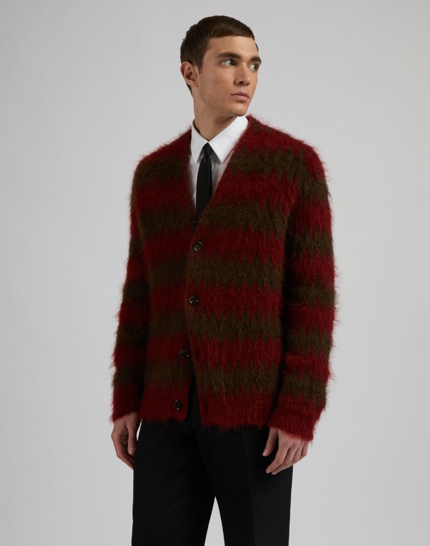 Cardigan in kid mohair con lavorazione jacquard bicolore