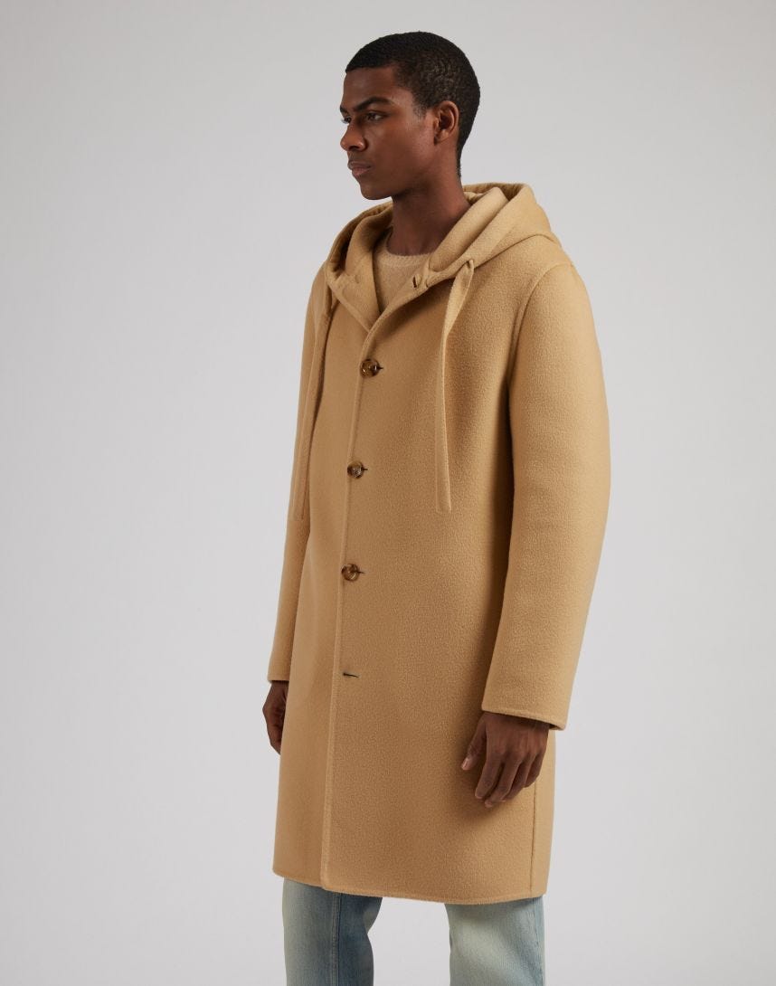 Single-breasted beige wool coat with a hood and drawstring