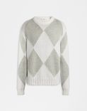 White crew-neck sweater with two-tone grey intarsia 1