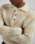 Long-sleeve two-tone polo shirt in white and beige kid mohair 5