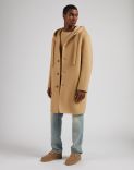 Single-breasted beige wool coat with a hood and drawstring 3