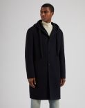 Blue wool single-breasted coat with hood and drawstring 2