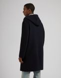 Blue wool single-breasted coat with hood and drawstring 4