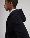 Blue wool single-breasted coat with hood and drawstring 5