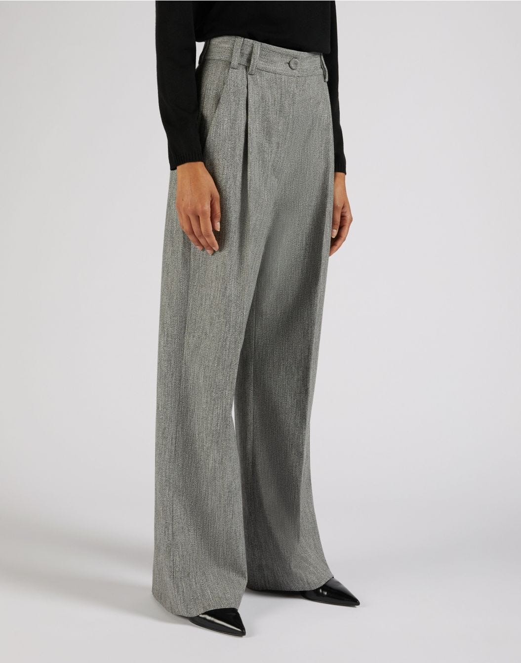 Pantalon gris à taille haute en coton mélangé à de la laine