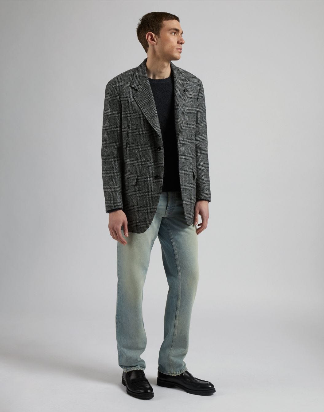 Single-breasted jacket in grey and black patterned cashmere lambswool