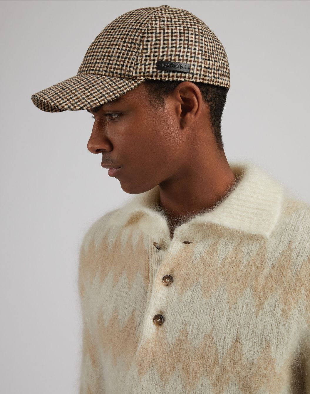 Wool baseball cap with beige and brown damier pattern