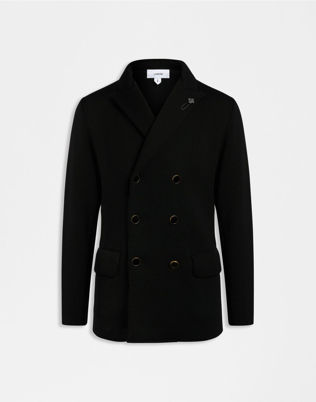 Black double-breasted pea coat in 100% merino wool