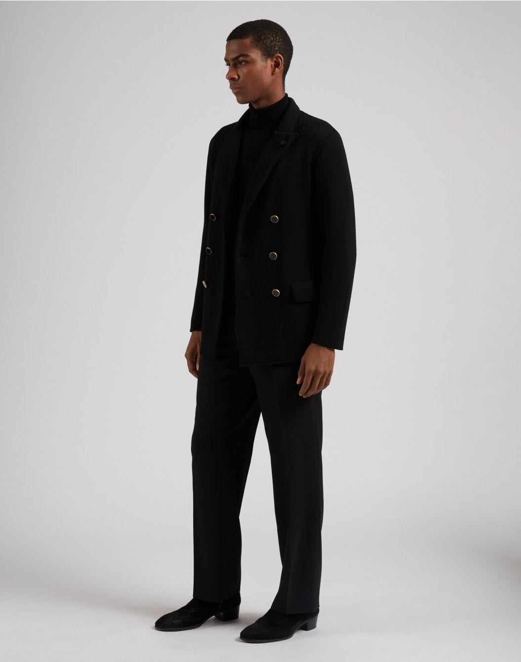 Black double-breasted pea coat in 100% merino wool