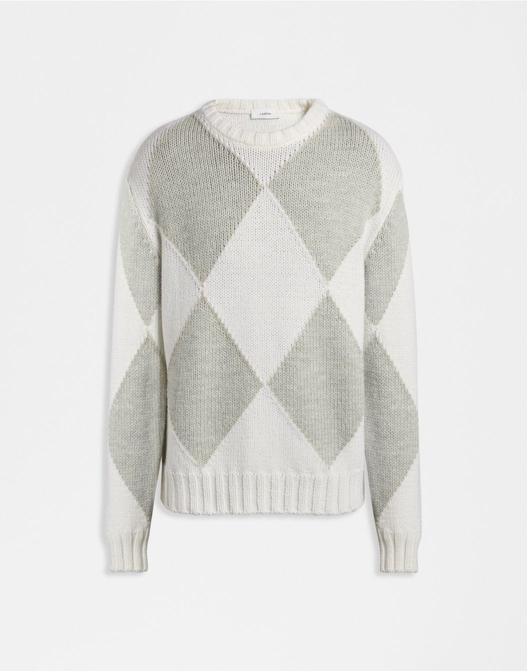 White crew-neck sweater with two-tone grey intarsia