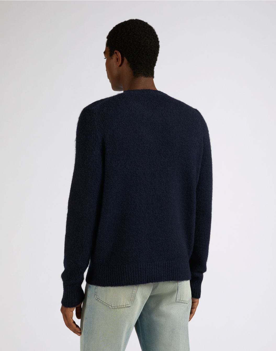 Blue crew-neck plain knit sweater