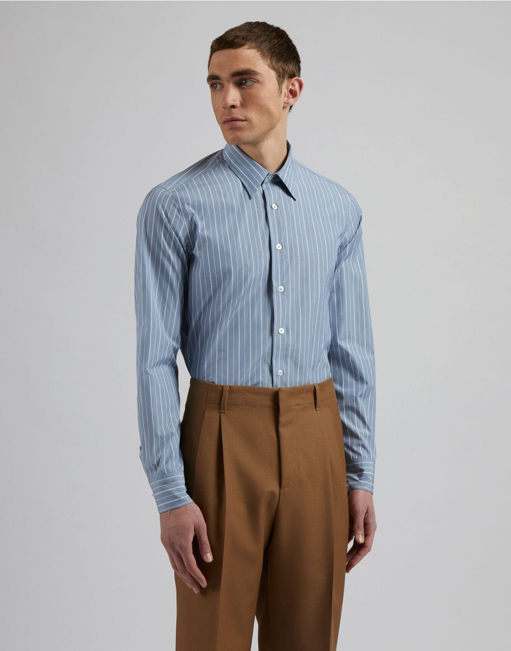 Compact cotton poplin striped light blue shirt 