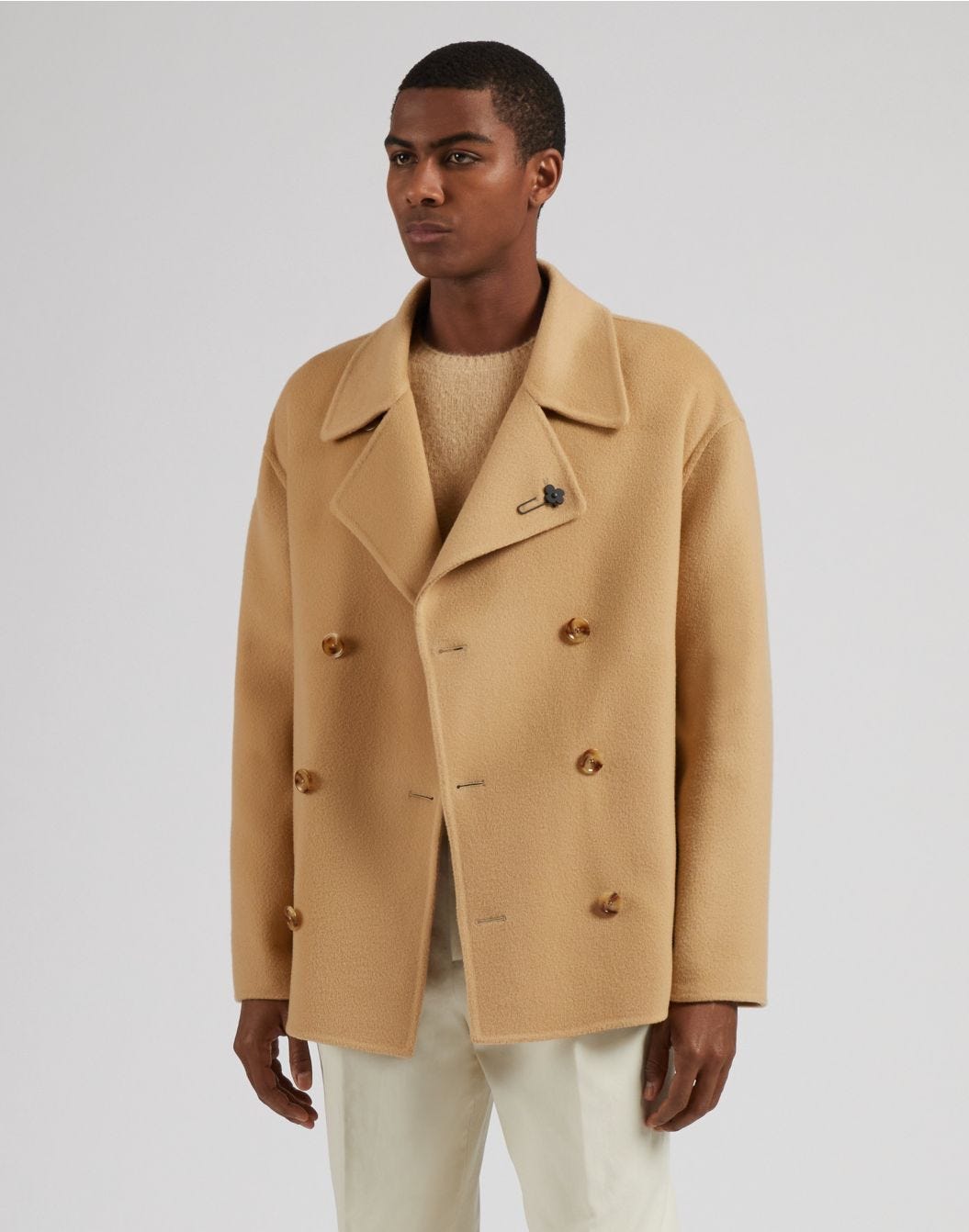 Camel wool 6-button double-breasted short pea coat