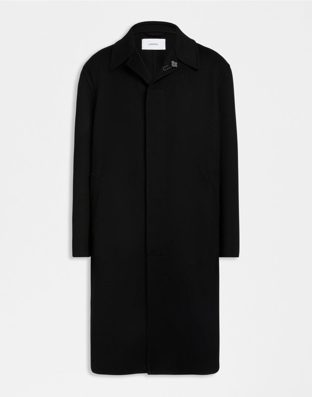 Black wool single-breasted coat with front placket