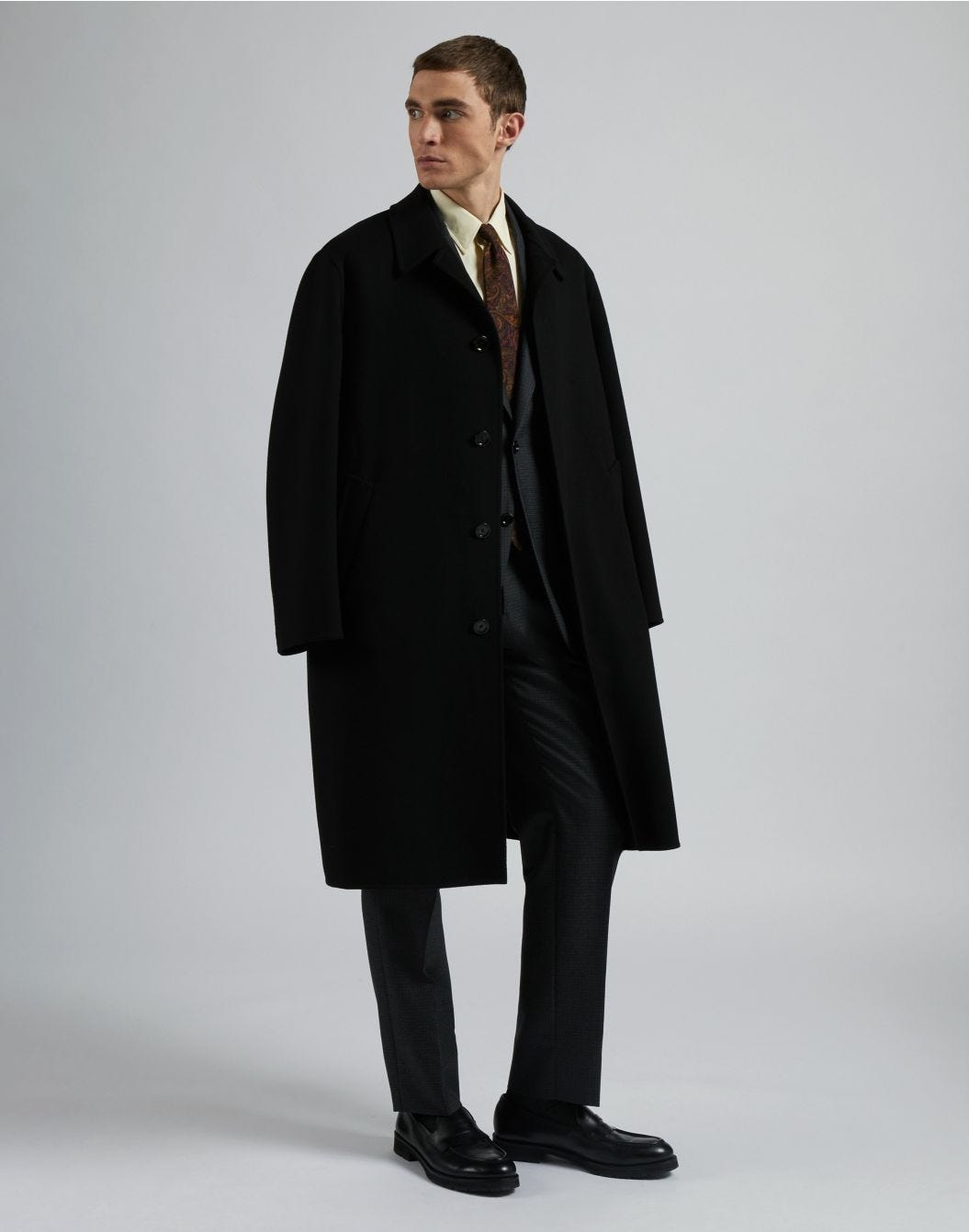 Black wool single-breasted coat with front placket