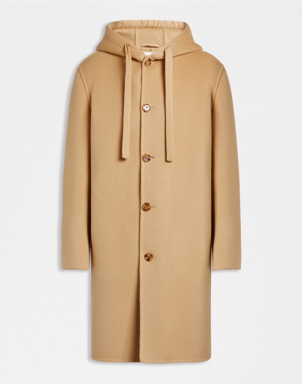 Single-breasted beige wool coat with a hood and drawstring