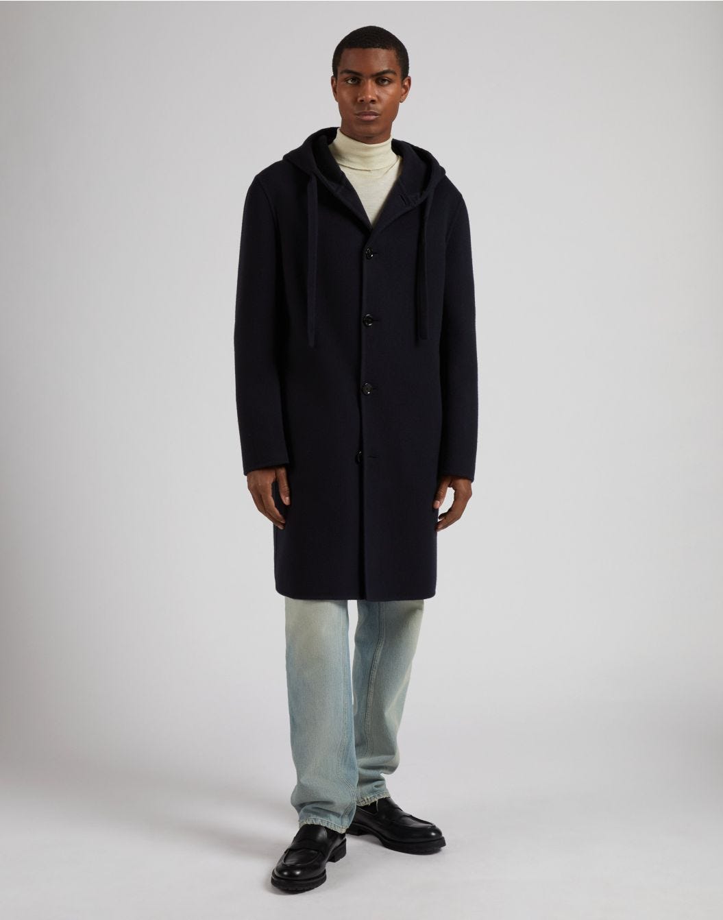 Blue wool single-breasted coat with hood and drawstring