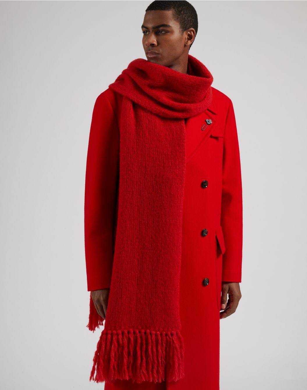 Red wool and cashmere knit fringed scarf