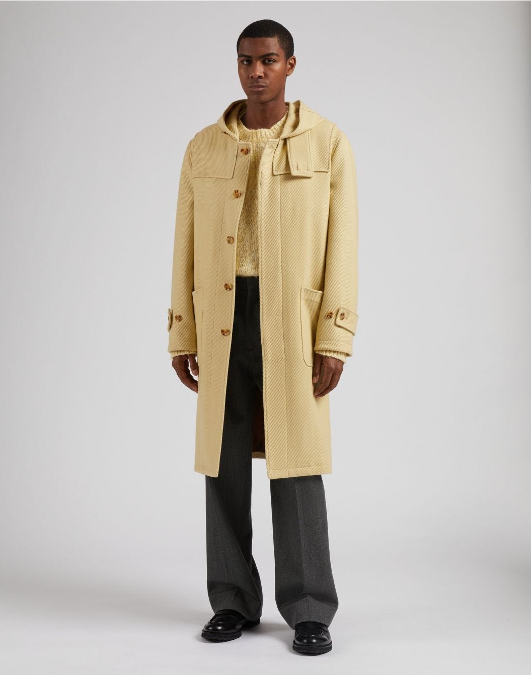 Pastel yellow cashmere wool hooded duffle coat