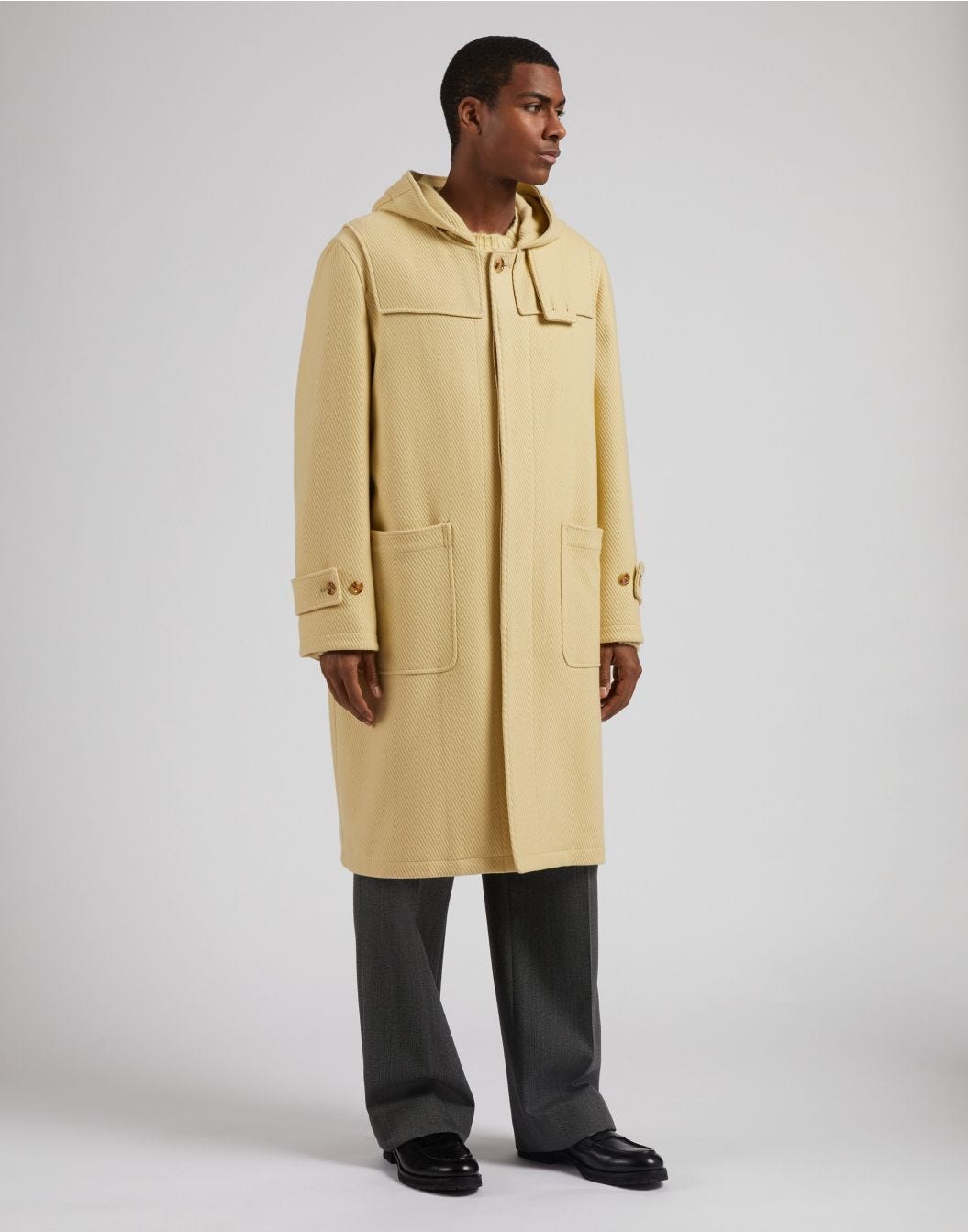 Duffel-coat à capuche en laine de cachemire jaune pastel