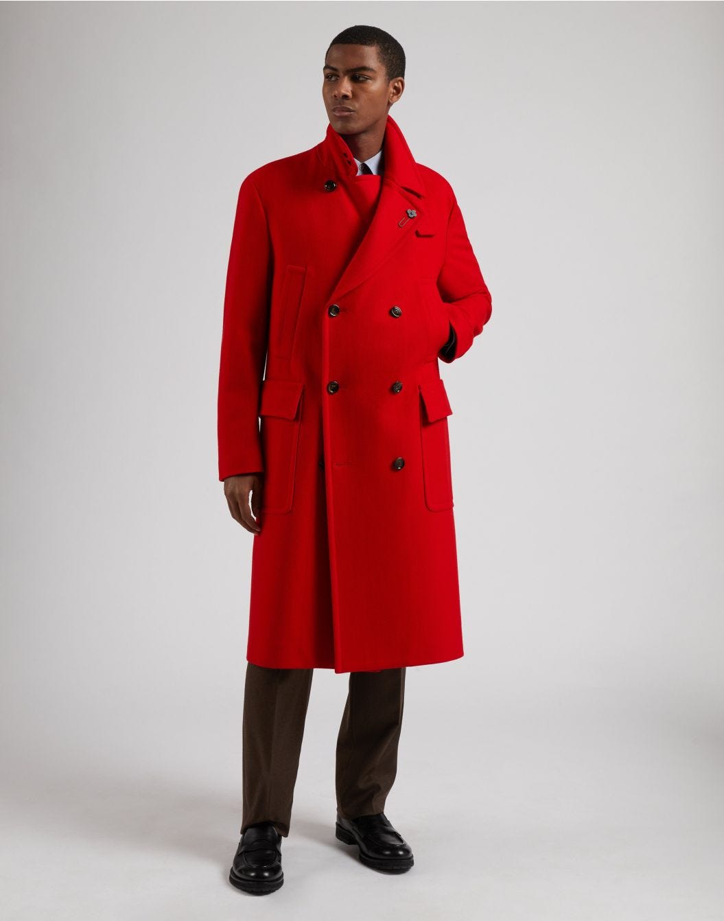 Red double-breasted coat in wool blend fabric