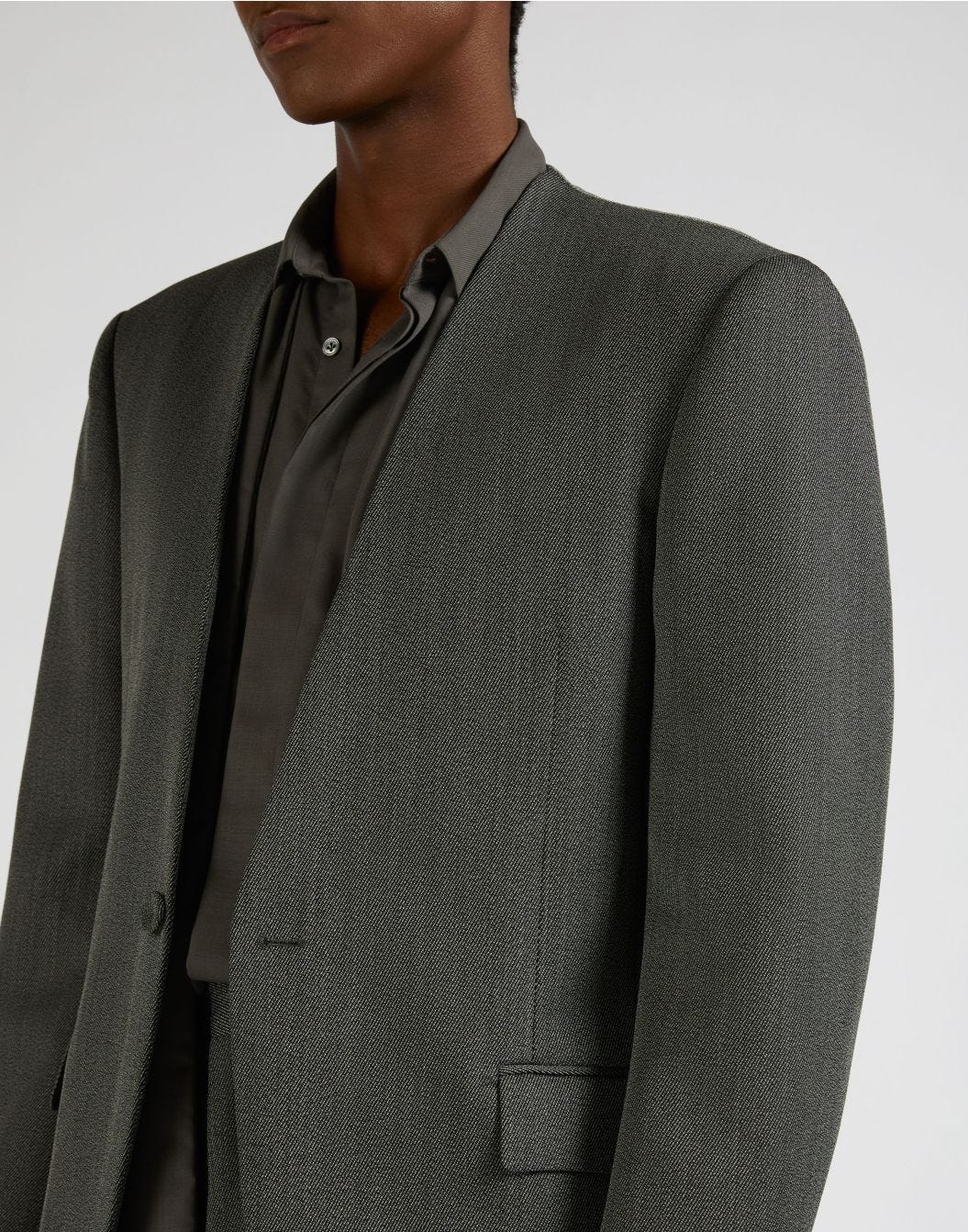 Attitude single-breasted jacket without lapels in grey and white wool