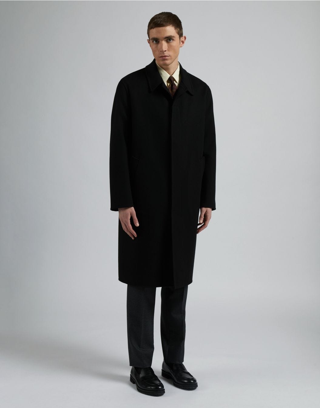 Black wool single-breasted coat with front placket