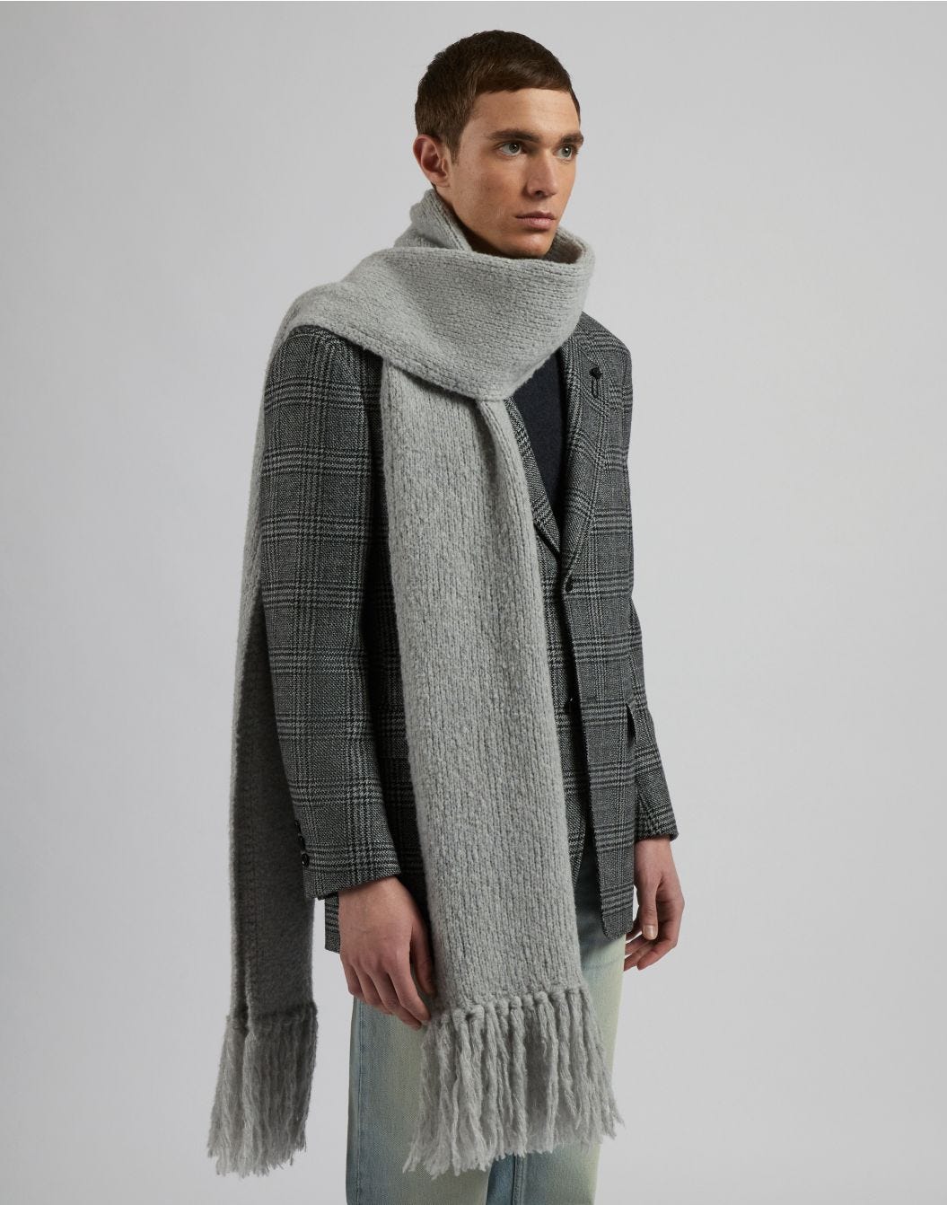 Grey wool and cashmere knit fringed scarf