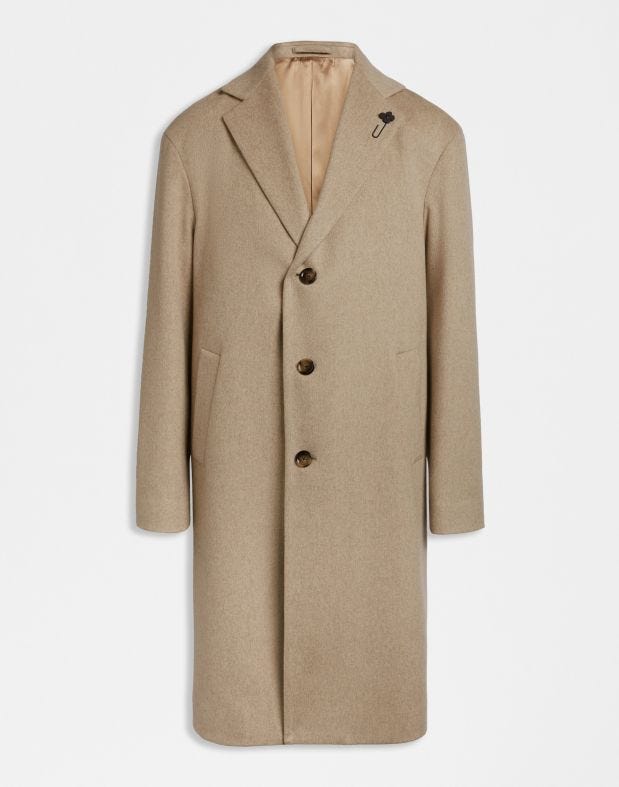 Beige single-breasted beaver-look cashmere coat