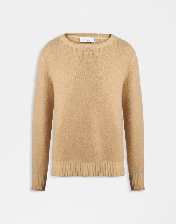 Beige crew-neck plain knit sweater