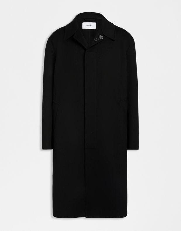 Black wool single-breasted coat with front placket