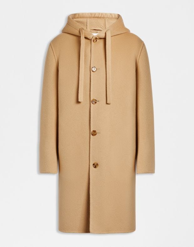 Single-breasted beige wool coat with a hood and drawstring