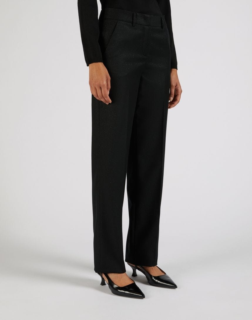 Black trousers in wool blend flannel with silver lurex