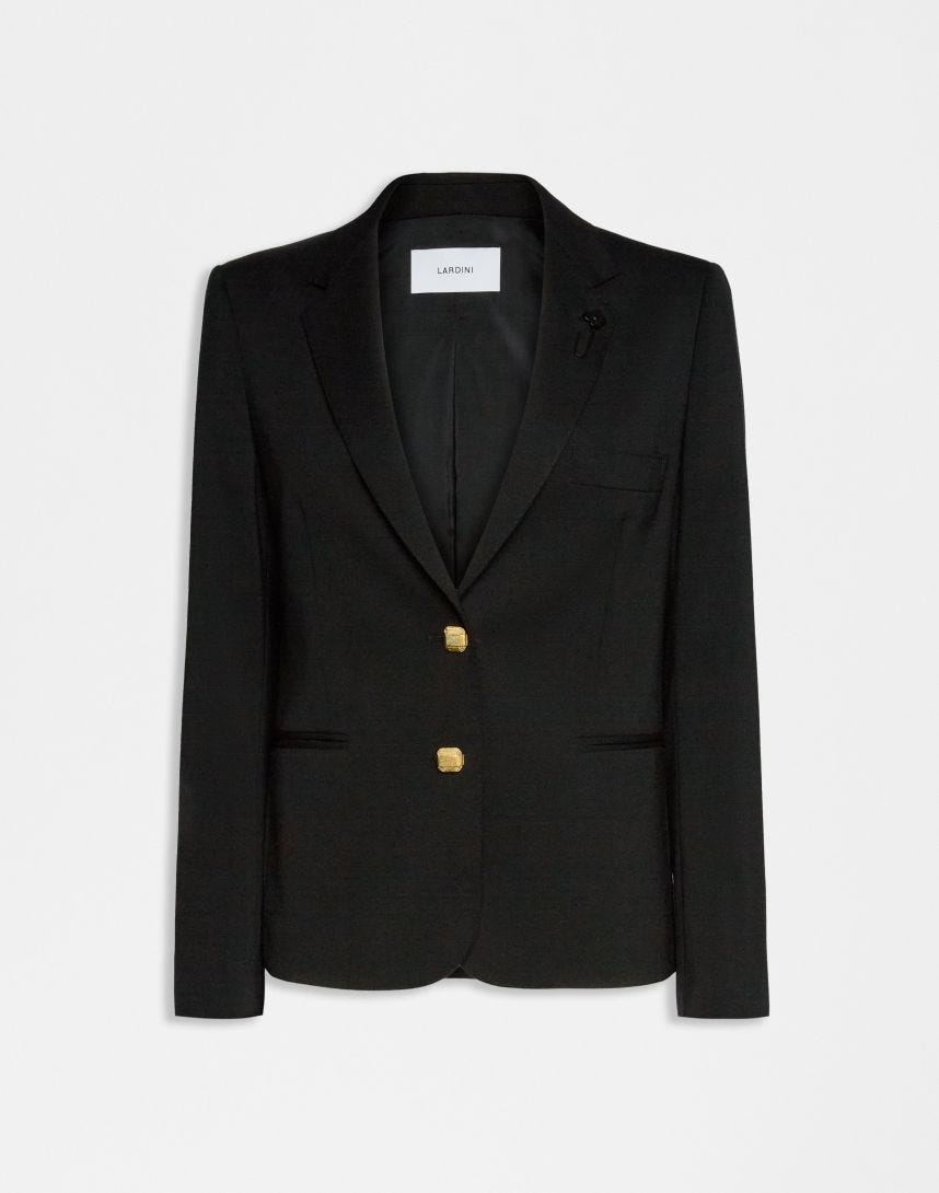 Short black single-breasted jacket made of stretch wool serge