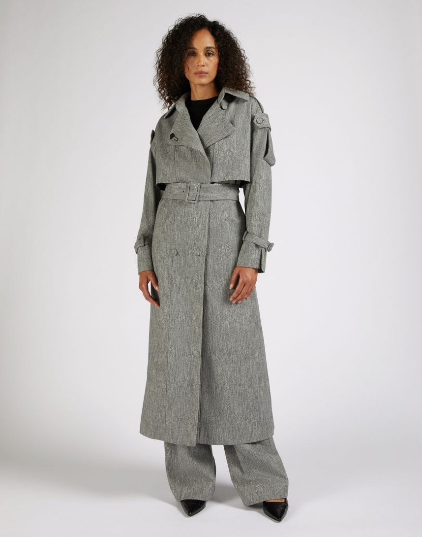 Grey double-breasted trench coat in cotton and wool blend