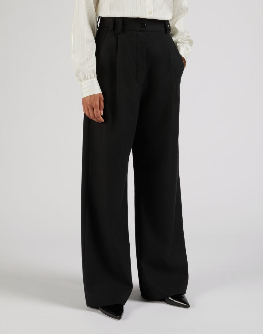 Pantalon taille haute en gabardine de laine et coton noir