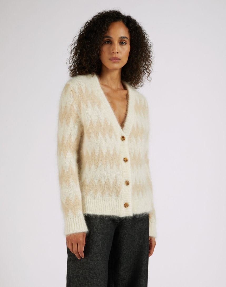 Two-tone beige and white cardigan in mohair yarn