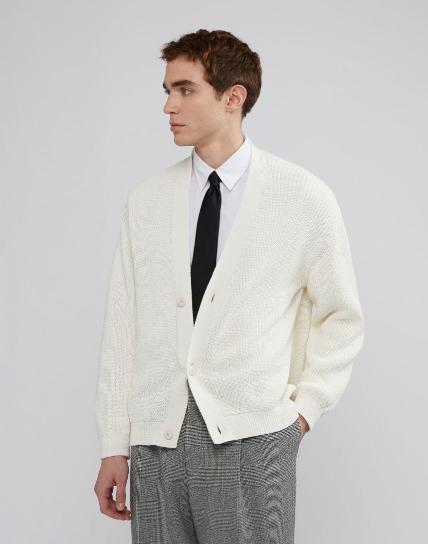 White rib knit cotton crêpe cardigan