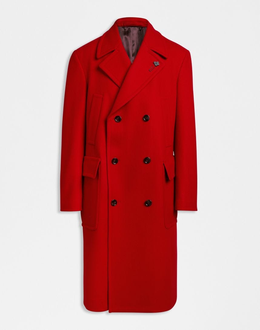 Cappotto doppiopetto rosso in tessuto misto lana