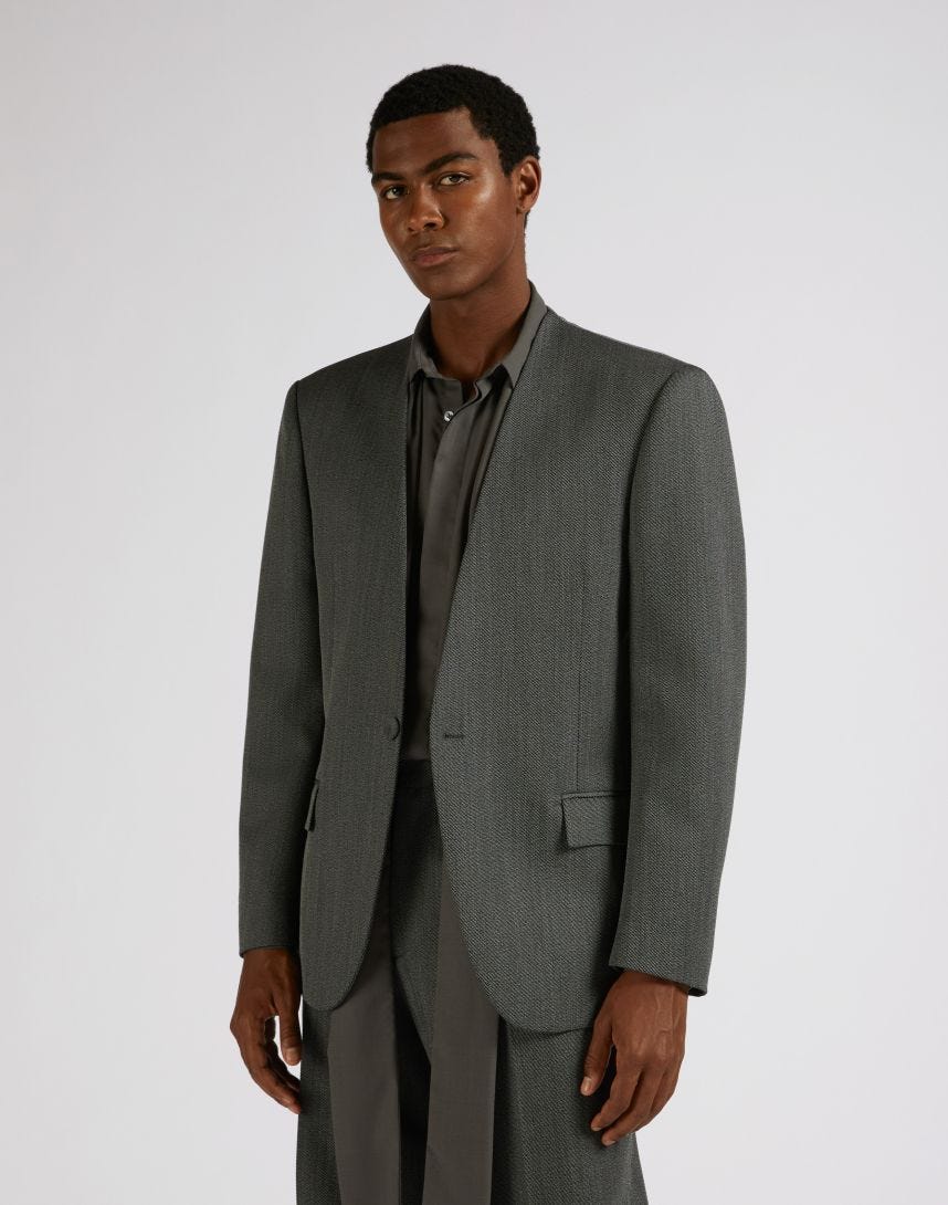 Attitude single-breasted jacket without lapels in grey and white wool