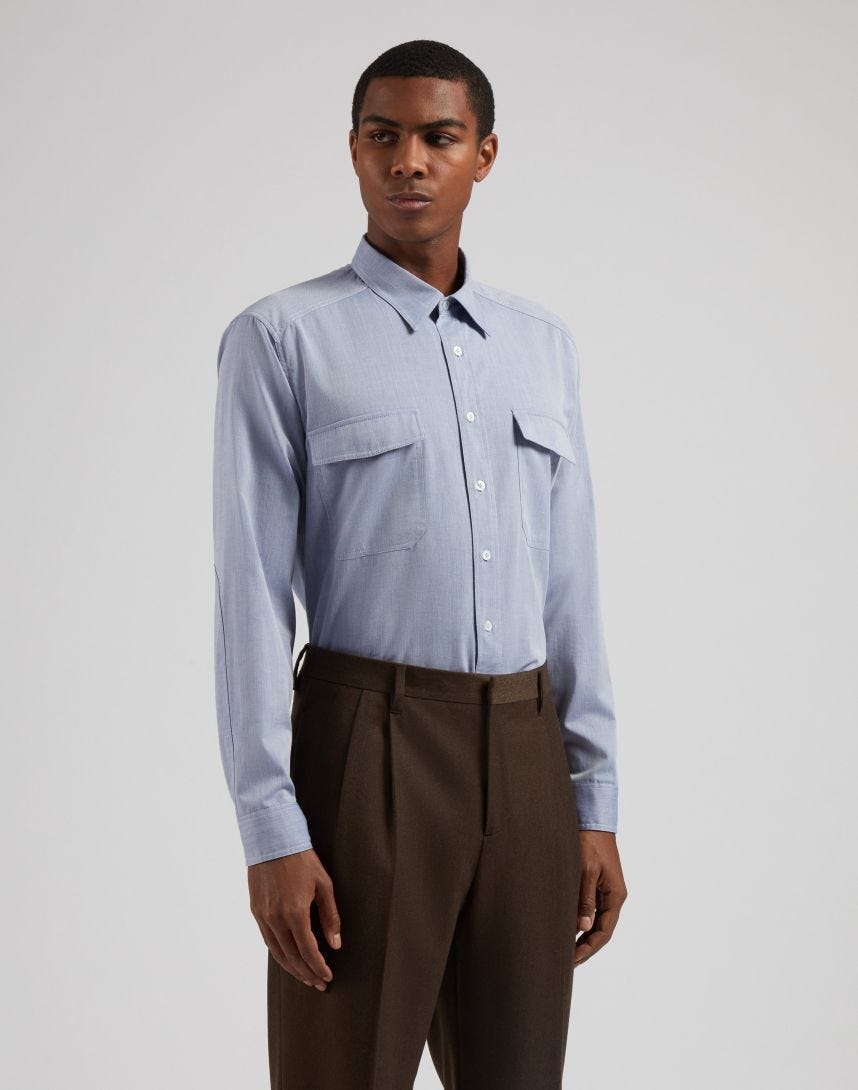 Light blue relaxed shirt in cotton and wool blend twill