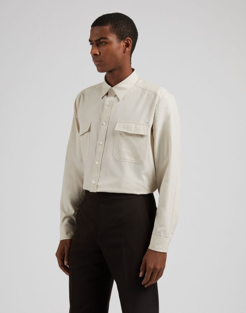 Cream washed cotton twill relaxed shirt
