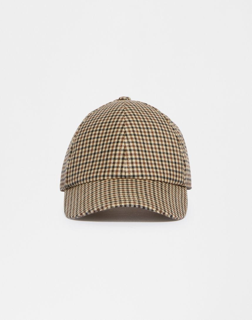 Cappello baseball in lana con disegno damier beige-marrone