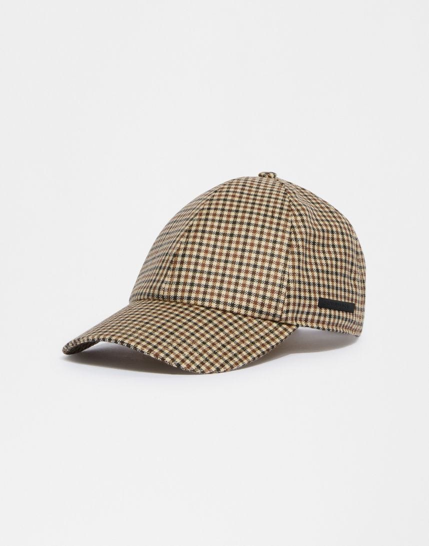 Wool baseball cap with beige and brown damier pattern