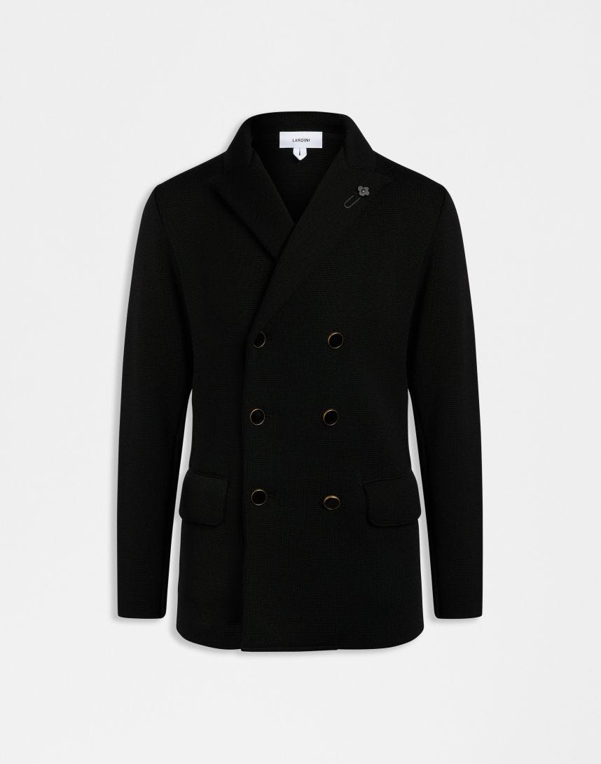Black double-breasted pea coat in 100% merino wool