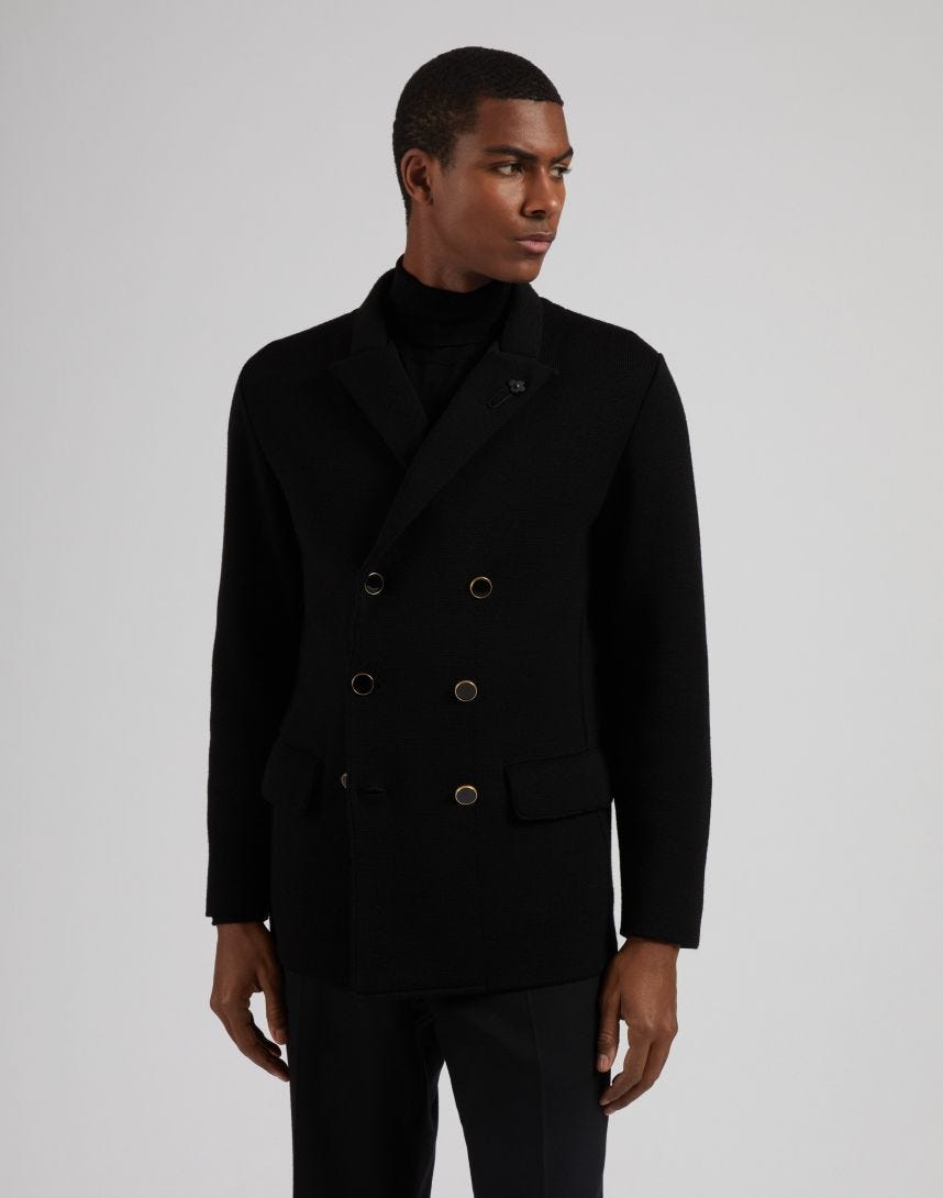 Black double-breasted pea coat in 100% merino wool